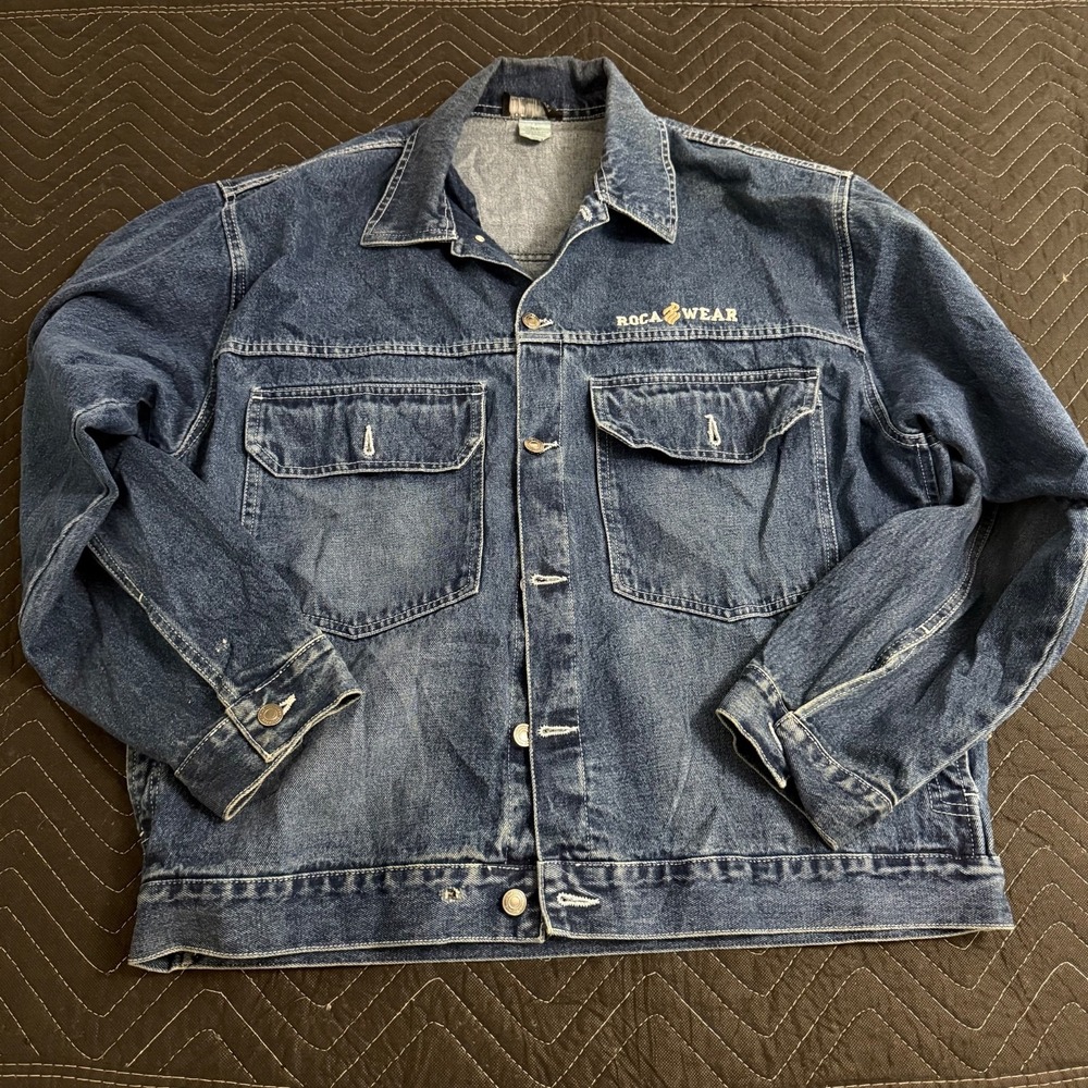Rocawear Y2K Hip Hop Raw Denim Button Jacket Mens XL Navy Western Pockets Vtg